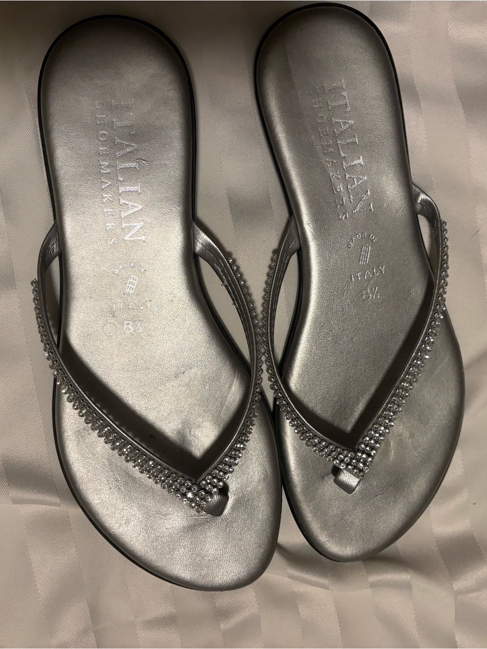 Italian Shoemakers Metallic Silver Rhinestone Thong Sandals